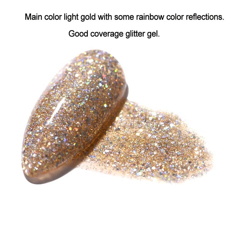 FZANEST Glitter Gel Nail Polish Led UV Gel Polish Sparkle Color Soak Off Nail Art (Diamond light gold) - Image 2